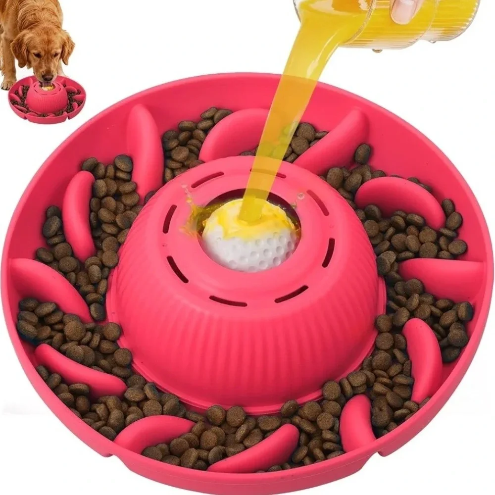 PUPPYGANG 2-in-1 Slow Feeder Dog Bowl Silicone Puzzle Lick Ball Red